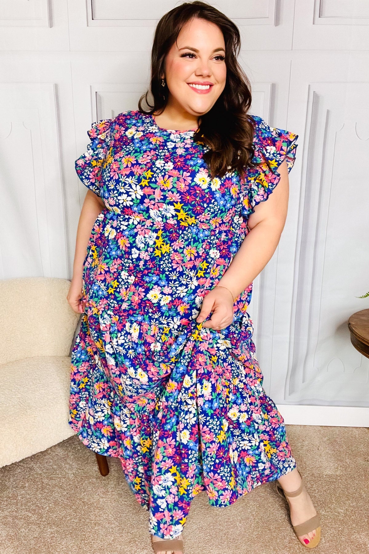 Just A Dream Navy Floral Smocked Ruffle Sleeve Maxi Dress Just A Dream Navy Floral Smocked Ruffle Sleeve Maxi Dress