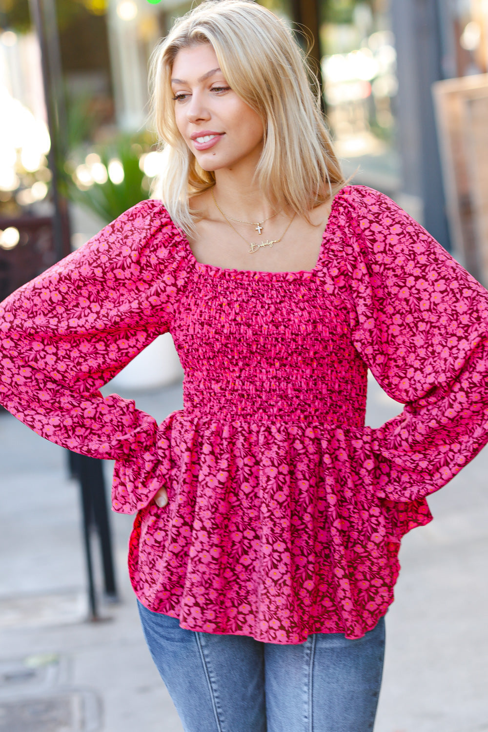 Always With You Fuchsia Smocked Ditzy Floral Ruffle Top