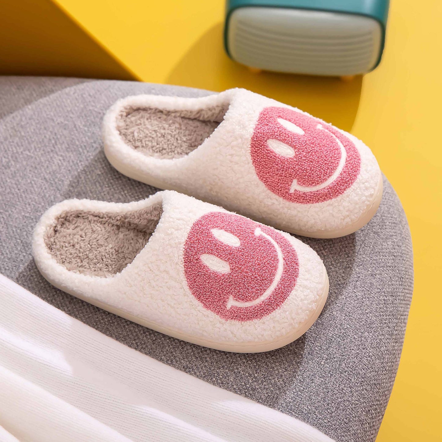 Melody Smiley Face Slippers in White