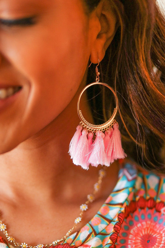 Blush Fringe Tassel Hoop Earrings