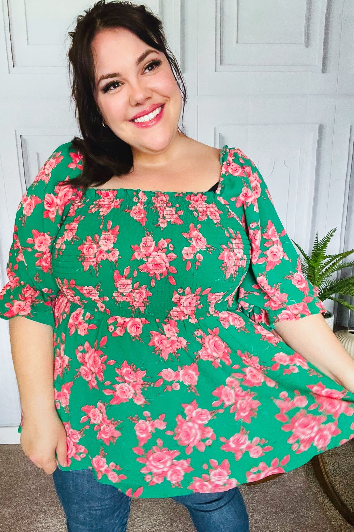 Sumptuous In Smocked Green & Coral Flower Print Babydoll Top